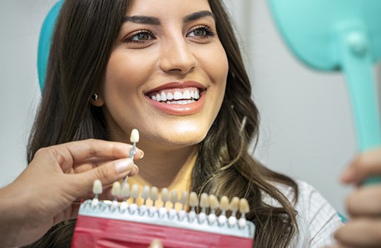 cosmetic dentist matching the shade of a patient’s teeth with a dental guide