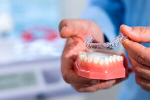 dentist placing clear aligner on model of teeth