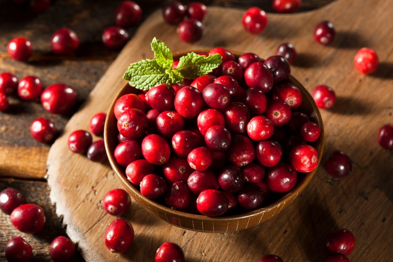 A closeup of raw cranberries