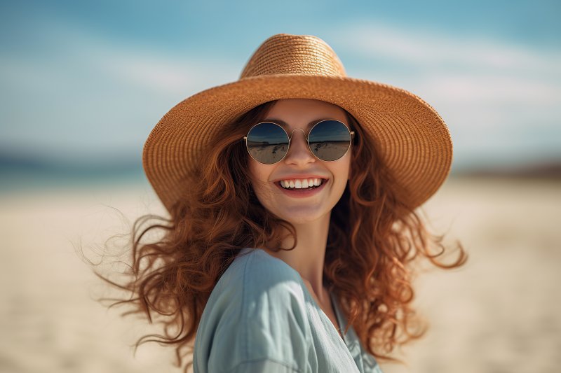 Woman smiles on beach wearing hat